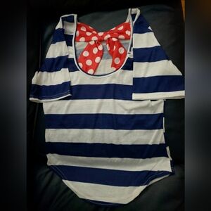 White And Navy Striped Short Sleeved Shirt With Red & White Polka Dot Bow Back